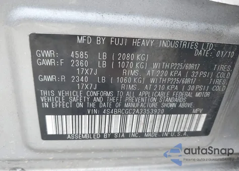 2010 Subaru Outback Prem All-Weathr/Pwr Moon z USA, uszkodzony, nr VIN 4S4BRCGC2A3353920